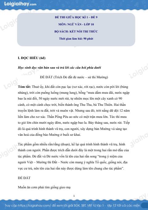 Đề thi giữa kì 1 Văn 10 Cánh diều - Đề số 9